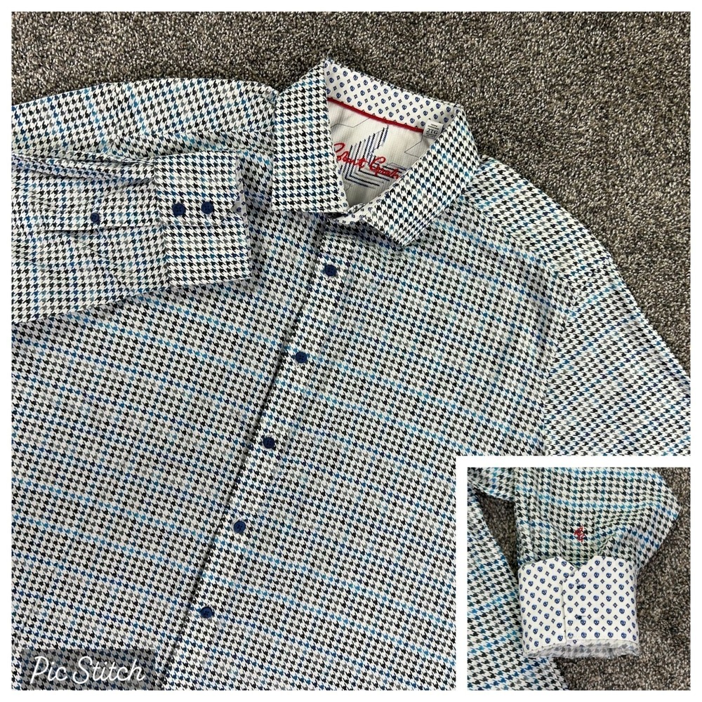 Robert Graham Men 2XL Long Sleeve Button Up‎ Shirt Blue White Houndstooth Skull